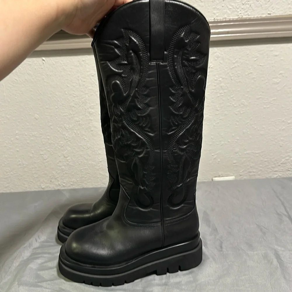 Jeffrey Campbell Black Over-the-Knee Embossed Leather Boots